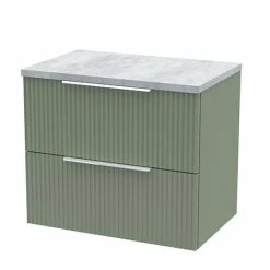 Venice Fluted 600mm Green Vanity Unit - Wall Hung 2 Drawer Unit With Bellato Grey Worktop & Chrome Handles