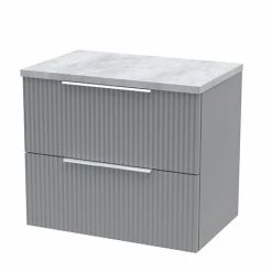Venice Fluted 600mm Grey Vanity Unit - Wall Hung 2 Drawer Unit With Bellato Grey Worktop & Chrome Handles