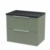 Venice Fluted 600mm Green Vanity Unit - Wall Hung 2 Drawer Unit With Black Worktop & Chrome Handles