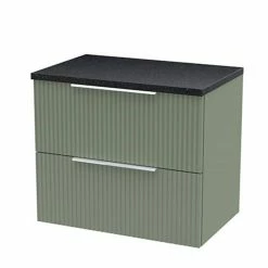 Venice Fluted 600mm Green Vanity Unit - Wall Hung 2 Drawer Unit With Black Worktop & Chrome Handles