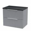 Venice Fluted 600mm Grey Vanity Unit - Wall Hung 2 Drawer Unit With Black Worktop & Chrome Handles
