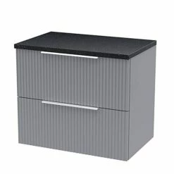Venice Fluted 600mm Grey Vanity Unit - Wall Hung 2 Drawer Unit With Black Worktop & Chrome Handles