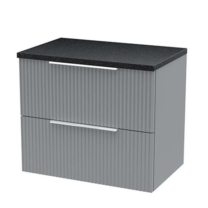 Venice Fluted 600mm Grey Vanity Unit - Wall Hung 2 Drawer Unit With Black Worktop & Chrome Handles 1 Venice Fluted 600mm Grey Vanity Unit - Wall Hung 2 Drawer Unit With Black Worktop & Chrome Handles
