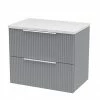 Venice Fluted 600mm Grey Vanity Unit - Wall Hung 2 Drawer Unit With White Worktop & Chrome Handles