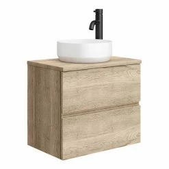 Venice Linea Rustic Oak Countertop Basin Unit - 600mm 2 Drawer With Round Matt White Basin