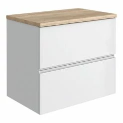 Venice Linea 600mm Satin White Vanity - Wall Hung 2 Drawer Unit With Rustic Oak Worktop