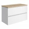 Venice Linea 800mm Satin White Vanity - Wall Hung 2 Drawer Unit With Rustic Oak Worktop