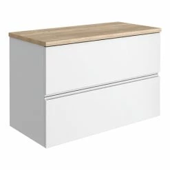 Venice Linea 800mm Satin White Vanity - Wall Hung 2 Drawer Unit With Rustic Oak Worktop