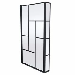 Venice Matt Black Abstract Grid L-Shaped Hinged Bath Screen