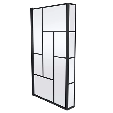 Venice Matt Black Abstract Grid L-Shaped Hinged Bath Screen 1 Venice Matt Black Abstract Grid L-Shaped Hinged Bath Screen