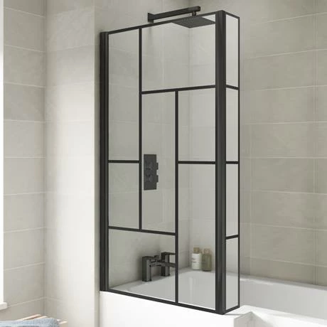 Venice Matt Black Abstract Grid L-Shaped Hinged Bath Screen 2 Venice Matt Black Abstract Grid L-Shaped Hinged Bath Screen - Image 2