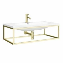 Venice 900mm Wall Hung Basin With Brushed Brass Towel Rail Frame Inc. Tap + Bottle Trap