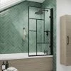 Venice Matt Black 8mm Glass Abstract Grid Hinged Bath Screen (830 X 1520mm)