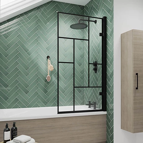 Venice Matt Black 8mm Glass Abstract Grid Hinged Bath Screen (830 X 1520mm) 1 Venice Matt Black 8mm Glass Abstract Grid Hinged Bath Screen (830 X 1520mm)