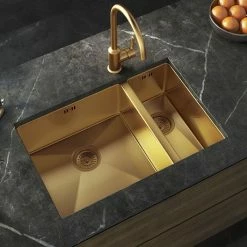 Venice 1.5 Bowl Brushed Gold Inset Or Undermount Stainless Steel Kitchen Sink + Wastes