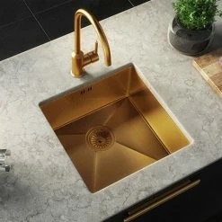 Venice 1.0 Bowl Brushed Gold Inset Or Undermount Stainless Steel Kitchen Sink + Waste