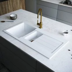 Venice 1.5 Bowl Matt White Composite Kitchen Sink + Chrome Wastes 10 Venice 1.5 Bowl Matt White Composite Kitchen Sink + Chrome Wastes -Venice shop VSNK102 D4 460