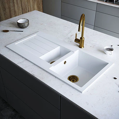 Venice 1.5 Bowl Matt White Composite Kitchen Sink + Chrome Wastes 1 Venice 1.5 Bowl Matt White Composite Kitchen Sink + Chrome Wastes