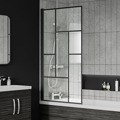 Venice Matt Black Abstract Grid Hinged Bath Screen (800 X 1400mm) 1 Venice Matt Black Abstract Grid Hinged Bath Screen (800 X 1400mm)
