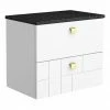 Venice Abstract 600mm White Vanity Unit - Wall Hung 2 Drawer Unit With Black Worktop & Brushed Brass Handles
