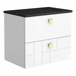 Venice Abstract 600mm White Vanity Unit - Wall Hung 2 Drawer Unit With Black Worktop & Brushed Brass Handles