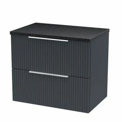 Venice Fluted 600mm Anthracite Vanity Unit - Wall Hung 2 Drawer Unit With Black Worktop & Chrome Handles