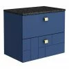 Venice Abstract 600mm Blue Vanity Unit - Wall Hung 2 Drawer Unit With Black Worktop & Brushed Brass Handles