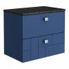 Venice Abstract 600mm Blue Vanity Unit - Wall Hung 2 Drawer Unit With Black Worktop & Chrome Handles