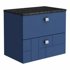 Venice Abstract 600mm Blue Vanity Unit - Wall Hung 2 Drawer Unit With Black Worktop & Chrome Handles