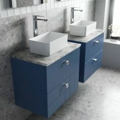 Venice Abstract 600mm Blue Vanity Unit - Wall Hung 2 Drawer Unit With Grey Worktop & Chrome Handles -Venice shop VWH6BLUGRE D2 460