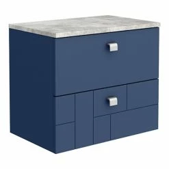 Venice Abstract 600mm Blue Vanity Unit - Wall Hung 2 Drawer Unit With Grey Worktop & Chrome Handles