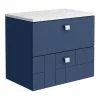 Venice Abstract 600mm Blue Vanity Unit - Wall Hung 2 Drawer Unit With White Worktop & Chrome Handles