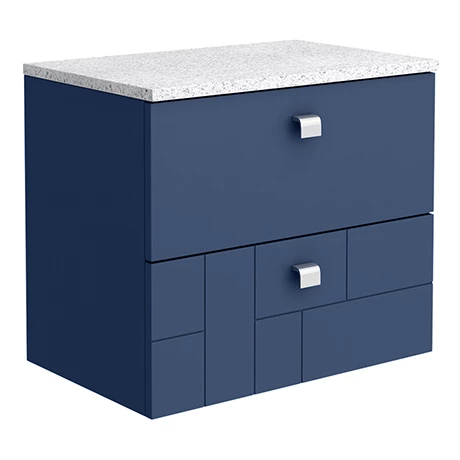 Venice Abstract 600mm Blue Vanity Unit - Wall Hung 2 Drawer Unit With White Worktop & Chrome Handles 1 Venice Abstract 600mm Blue Vanity Unit - Wall Hung 2 Drawer Unit With White Worktop & Chrome Handles