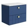Venice Abstract 600mm Blue Vanity Unit - Wall Hung 2 Drawer Unit With White Worktop & Brushed Brass Handles