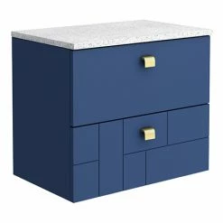 Venice Abstract 600mm Blue Vanity Unit - Wall Hung 2 Drawer Unit With White Worktop & Brushed Brass Handles