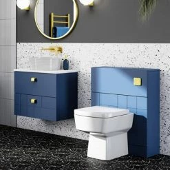 Venice Abstract 600mm Blue Vanity Unit - Wall Hung 2 Drawer Unit With White Worktop & Brushed Brass Handles -Venice shop VWH6BLUWHIB d3 460