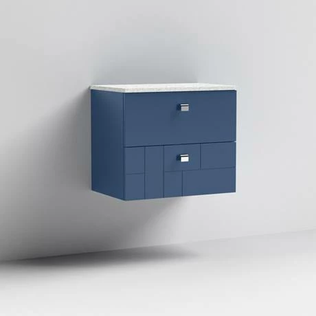 Venice Abstract 600mm Blue Vanity Unit - Wall Hung 2 Drawer Unit With White Worktop & Chrome Handles 3 Venice Abstract 600mm Blue Vanity Unit - Wall Hung 2 Drawer Unit With White Worktop & Chrome Handles - Image 3