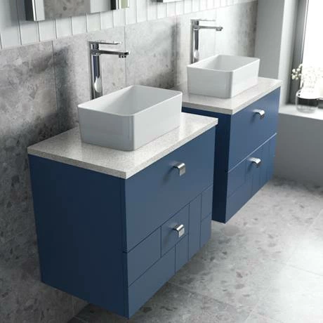 Venice Abstract 600mm Blue Vanity Unit - Wall Hung 2 Drawer Unit With White Worktop & Chrome Handles 4 Venice Abstract 600mm Blue Vanity Unit - Wall Hung 2 Drawer Unit With White Worktop & Chrome Handles - Image 4