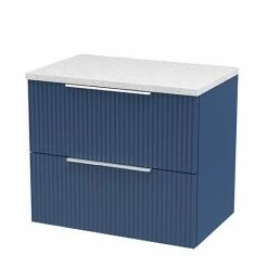 Venice Fluted 600mm Blue Vanity Unit - Wall Hung 2 Drawer Unit With White Worktop & Chrome Handles