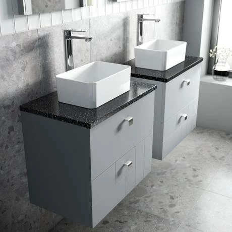 Venice Abstract 600mm Grey Vanity Unit - Wall Hung 2 Drawer Unit With Black Worktop & Chrome Handles 4 Venice Abstract 600mm Grey Vanity Unit - Wall Hung 2 Drawer Unit With Black Worktop & Chrome Handles - Image 4