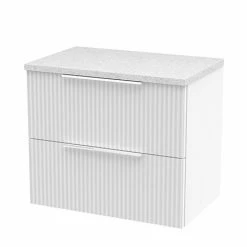 Venice Fluted 600mm White Vanity Unit - Wall Hung 2 Drawer Unit With White Worktop & Chrome Handles