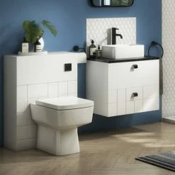Venice Abstract 600mm White Vanity - Wall Hung 2 Drawer Unit With Black Worktop & Matt Black Handles -Venice shop VWH6WHIBLKB d4 460