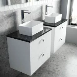 Venice Abstract 600mm White Vanity Unit - Wall Hung 2 Drawer Unit With Black Worktop & Chrome Handles -Venice shop VWH6WHIBLK D1 460
