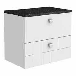Venice Abstract 600mm White Vanity Unit - Wall Hung 2 Drawer Unit With Black Worktop & Chrome Handles