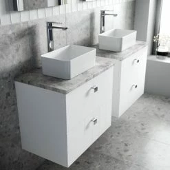Venice Abstract 600mm White Vanity Unit - Wall Hung 2 Drawer Unit With Grey Worktop & Chrome Handles -Venice shop VWH6WHIGRE D2 460