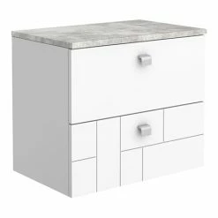 Venice Abstract 600mm White Vanity Unit - Wall Hung 2 Drawer Unit With Grey Worktop & Chrome Handles