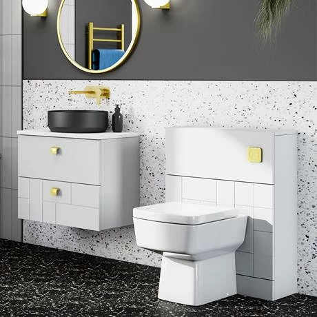 Venice Abstract 600mm White Vanity Unit - Wall Hung 2 Drawer Unit With White Worktop & Brushed Brass Handles 5 Venice Abstract 600mm White Vanity Unit - Wall Hung 2 Drawer Unit With White Worktop & Brushed Brass Handles - Image 5