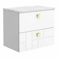 Venice Abstract 600mm White Vanity Unit - Wall Hung 2 Drawer Unit With White Worktop & Brushed Brass Handles