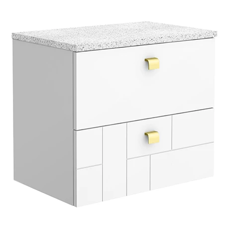 Venice Abstract 600mm White Vanity Unit - Wall Hung 2 Drawer Unit With White Worktop & Brushed Brass Handles 1 Venice Abstract 600mm White Vanity Unit - Wall Hung 2 Drawer Unit With White Worktop & Brushed Brass Handles
