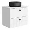Venice Abstract 600 White Vanity - Wall Hung 2-Drawer Unit W. White Worktop, Round Matt Black Basin & Handles